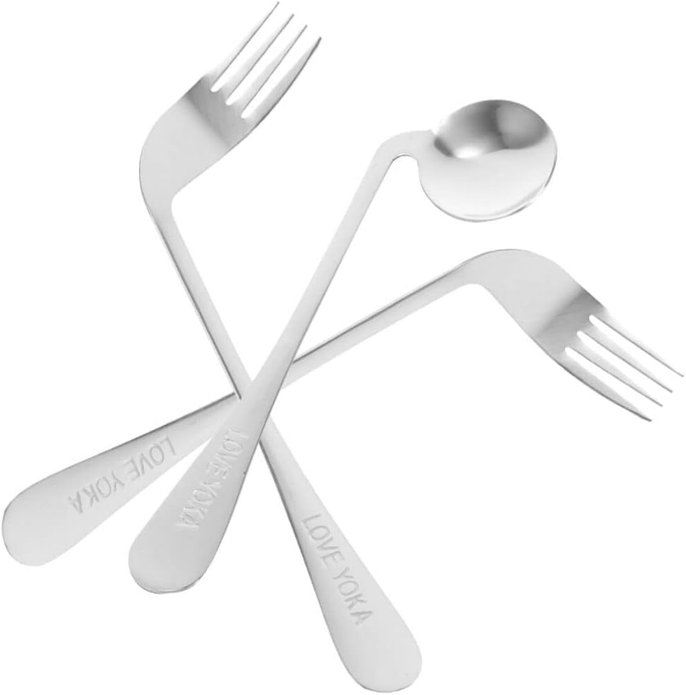 LALAFINA Left Handed Adaptive Utensils Set Angled Spoon and Fork Stainless Steel Curved Silverware for Elderly Self Feeding and Bedridden Assistance