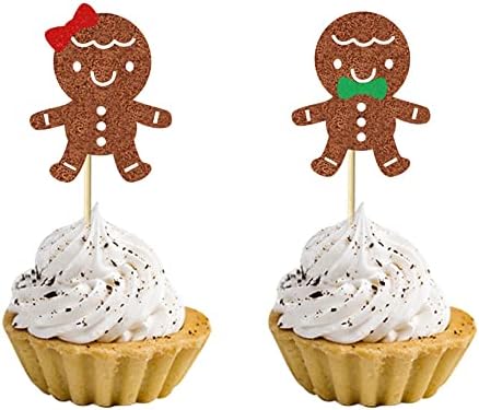 24 Pcs Bow Tie Gingerbread Man Cupcake Toppers Cake Decoration Christmas Baby Gender Reveal Party Dessert Insert MGPFERD