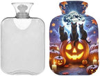 Halloween Cats on Pumpkin Hot Water Bottle with Soft Cover Feet and Bed Warmer Hot Water Bag for Pain Relief, 2 Liters