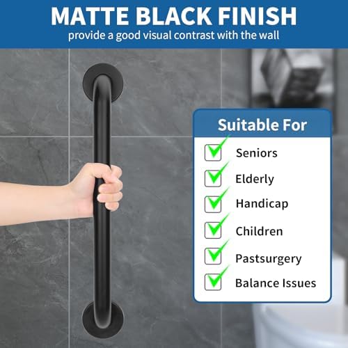 Safety Shower Grab Bars for Seniors, Stainless Steel Anti Slip Shower Handle, ADA Compliant Hand Rails, Holds up to 500 LBS Grab Bars for Elderly for Wall (Black, 18 Inches)