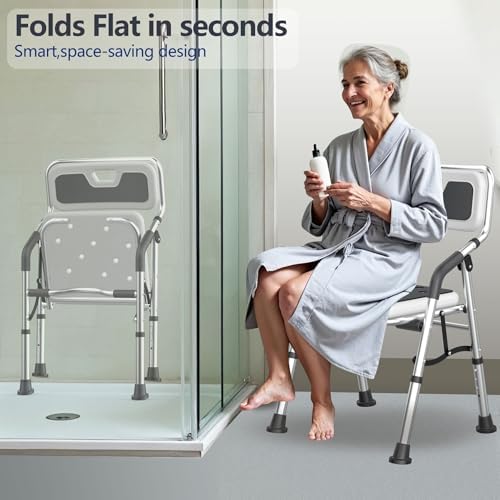 Foldable Shower Chair for Inside Shower with Arms and Back, Shower Chair for Elderly and Disabled with Adjustable Height,Folding Bath Chairs for Seniors,Quick-Assembly & Comfortable
