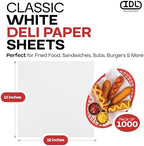 White Deli Paper Sheets, 12" x 12" (1000 pcs.) - USA-Made Premium Food Basket Liners - PFAS-free Grease Resistant Deli Paper Sheets for Snack & Baking Wrap, Picnic & Party by IDL Packaging