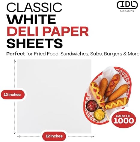 White Deli Paper Sheets, 12" x 12" (1000 pcs.) - USA-Made Premium Food Basket Liners - PFAS-free Grease Resistant Deli Paper Sheets for Snack & Baking Wrap, Picnic & Party by IDL Packaging