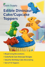 Oasis Supply Edible Dinosaur Cake & Cupcake Toppers – Royal Icing Dino Decorations in Red, Green, Blue & Yellow – Cute Edible Prehistoric Designs for Kids’ Birthday Cakes, Cupcakes & Party Treats