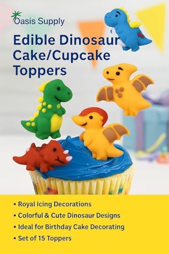 Oasis Supply Edible Dinosaur Cake & Cupcake Toppers – Royal Icing Dino Decorations in Red, Green, Blue & Yellow – Cute Edible Prehistoric Designs for Kids’ Birthday Cakes, Cupcakes & Party Treats