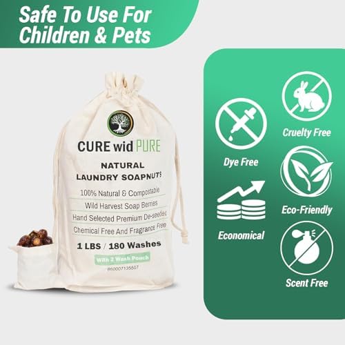 Cure With Pure Organic Soap Nuts Deseeded 1lb/450g With 1 Wash Bag Approx 180 Loads,Eco-friendly Soap Nuts Laundry Detergent,Chemical & Fragrance-free Organic Soap Berries Non-toxic Laundry Detergent