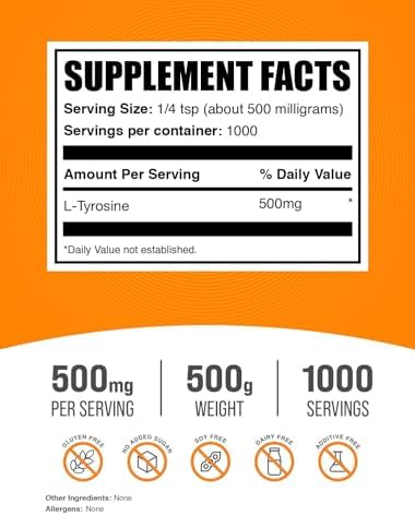 BulkSupplements.com L-Tyrosine Powder - Sports Nutrition, Amino Acid Supplement - Unflavored & Gluten Free, 500mg per Serving, 500g (1.1 lbs) (Pack of 1)