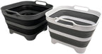 SAMMART 10L (2.64 Gallon) Collapsible Dishpan with Draining Plug-Foldable Washing Basin-Portable Dish Washing Tub-Space Saving Kitchen Storage Tray for Camping & RV (2, Steel Grey+Black)