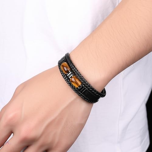 Tiger Eye Leather Bracelet Men Natural Double Tiger Eye Stone Handmade Crystal Healing Protection Bracelets