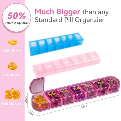 Large Pill Organizer Weekly - SHIJOINYU 7 Day Pill Box with Easy-Open Design, Daily Medicine Pill Organizer for Vitamins, Supplements, Fish Oils and Medications - Pink