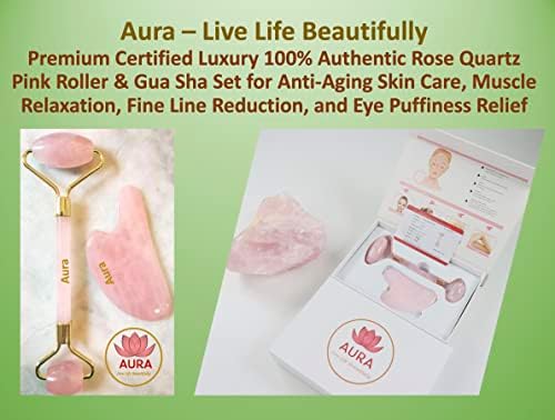 Premium Certified Luxury 100% Authentic Rose Quartz Pink Roller & Gua Sha Set for Anti-Aging Skin Care, Muscle Relaxation, Fine Line Reduction, and Eye Puffiness Relief