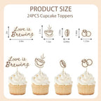 FYSUIMU Love is Brewing Cupcake Toppers Brown Coffee Cake Decorations Bridal Shower Cupcake Picks for Birthday Bachelorette Party Supplies, 24 Pcs