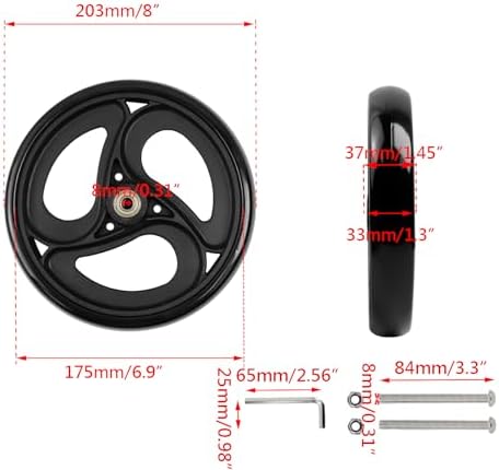 Wealrit 2 Pcs Solid 8 Inch Replacement Wheels for Wheelchairs, Walker, Drive Rollator Parts (Black)