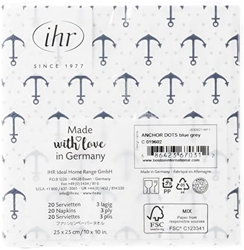 IHR Ideal Home Range Cocktail Napkins Disposable 3-Ply Paper Party Napkin Pack, 5" x 5", Anchor Dots Blue Grey, 20-Count