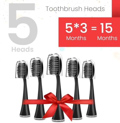 Replacement Toothbrush Heads for Burst Sonic Toothbrush with Dust Cover Caps, Soft Charcoal Bristles for Deep Clean, Black, Pack of 5