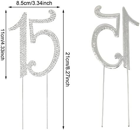 Honbay 15 Birthday Cake Topper Sparkly Bling Alloy Crystal Rhinestones Cake Topper Cake Decoration for 15th Birthday or Anniversary Party (Silver)