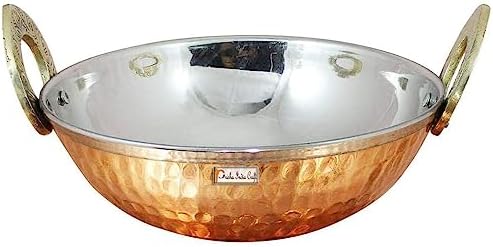 Prisha India Craft Copper Hammered Stainless Steel Kadai Karahi Wok Bowl Indian Dishes Serve Ware for Vegetable and Curries, 350 ML, Set of 2