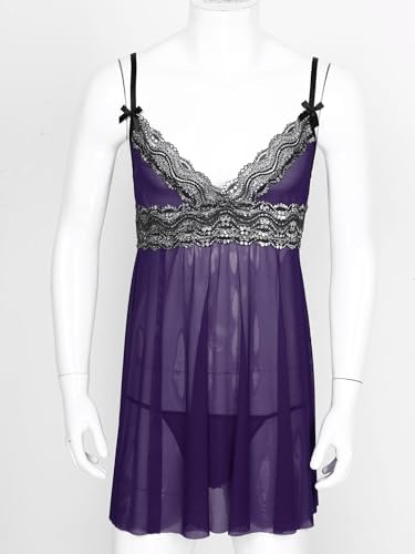 Mufeng Men's Sexy Sheer Lace Babydoll Adjustable Spaghetti Straps Deep V-Night Club Sleepwear with G-String