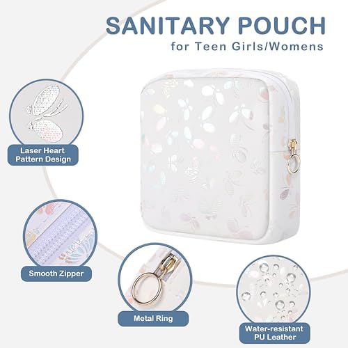 Likesing Period Bag Pouch, Leather Sanitary Napkin Storage Bag for Girls Womens, Portable Sanitary Napkin Period Pad Pouch Bag for Purse, Small Make Up Bags(Pink Butterflies)