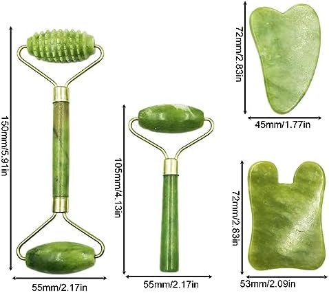 4-PCS Gua Sha Set, Skin Care Roller, Jade Roller Set, Face Stone Facial Roller Massage Tool for Face Eyes Neck Body, Smooth Wrinkles & Eye Puffiness(Green)