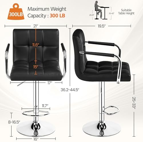 Yaheetech Bar Stools Set of 2, PU Leather Height Adjustable Swivel Barstools, Hydraulic Kitchen Counter Height Bar Chairs with Armrest and Back for Kitchen, Dining Room, Black