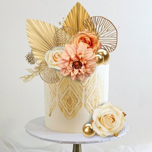 DRWATE Cake Topper, 11pcs Boho Flower Gold Leaves Cake Decorations for Wedding Baby Shower Birthday Party Supplies