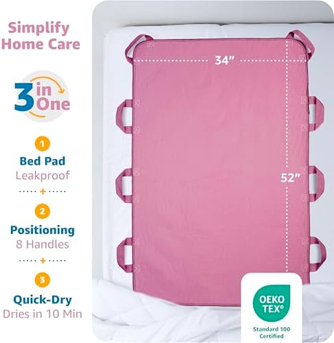 Improvia Positioning Bed Pad, with 8 Reinforced Handles, Quick-Drying, Washable, Waterproof, for Lifting, Turning, Transfering, Elderly and Incontinence Patients (Pink, Pack of 2)