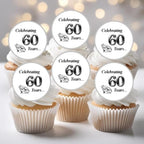 Diamond Wedding Anniversary Edible Cupcake Toppers, 60th Anniversary Decorations, Edible Cake Decorations for Parties & Celebrations, 24 x 4cm/1.5 Inch Wafer Card Discs