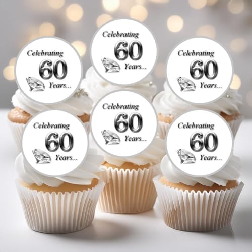 Diamond Wedding Anniversary Edible Cupcake Toppers, 60th Anniversary Decorations, Edible Cake Decorations for Parties & Celebrations, 24 x 4cm/1.5 Inch Wafer Card Discs