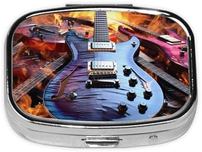 Magic Electric Guitar Music Pill Box 2 Compartment Square Portable Pill Case for Pocket or Purse Small Weekly Medicine Planner Travel Pillbox with Mirror Decorative Metal Vitamin Holder Gifts