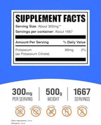 BulkSupplements.com Potassium Citrate Powder - for Hydration Support, Mineral Supplement, Potassium 99mg - Gluten Free, 300mg per Serving, 500g (1.1 lbs) (Pack of 1)