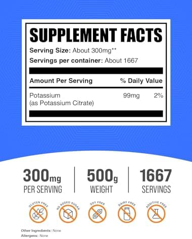 BulkSupplements.com Potassium Citrate Powder - for Hydration Support, Mineral Supplement, Potassium 99mg - Gluten Free, 300mg per Serving, 500g (1.1 lbs) (Pack of 1)
