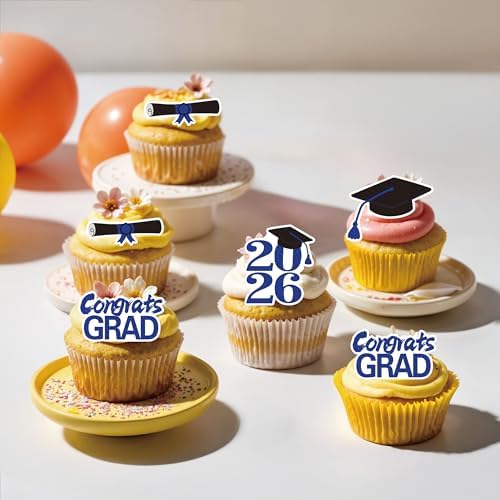 50Pcs Edible 2026 Graduation Cupcake Toppers, Wafer Paper Class of 2026 Decorations Grad Cap Cupcake Picks for 2026 Graduation Theme Party Cake Decor (Blue)
