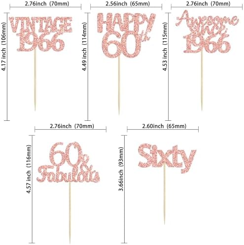 Gyufise 30Pcs Vintage 1966 Cupcake Toppers Glitter Sixty 60 Fabulous Happy 60th Birthday Cupcake Picks Cheers to 60 Years for 60th Birthday Anniversary Party Cake Decorations Supplies Rose Gold