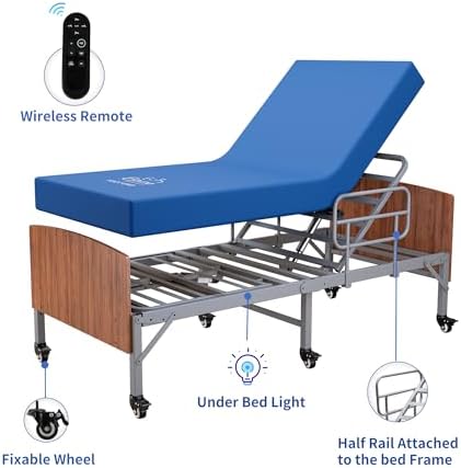 ESHINE Adjustable Bed Frame with Hospital Waterproof Mattress - Wireless Remote, Underbed Light, Headboard, 2.5" Wheels, Head & Foot Incline, Mobility Support, Easy Installation, 750 lbs Capacity