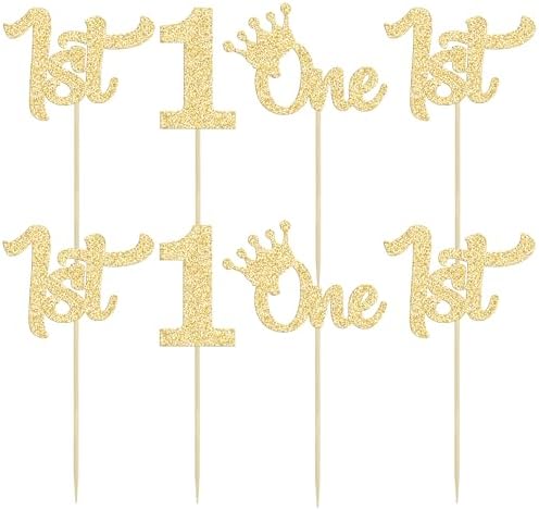 24Pcs 1st Birthday Cupcake Toppers Glitter First Birthday One Cupcake Picks for Baby Shower 1st Birthday Party Cake Decorations Supplies Gold