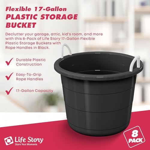 Life Story Large 17 Gallon Flexible Plastic Storage Bucket Container with Easy Grip Rope Handles for Indoor and Outdoor Storage, Black, 8 Pack