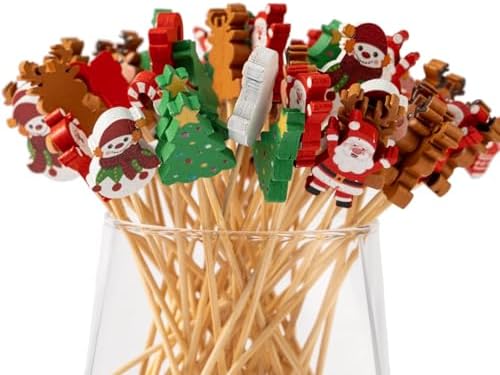 Jiesky 125pcs 5in Christmas Cocktail Picks Christmas Tree Snowman Santa Claus Reindeer Christmas Stocking Bamboo Cocktail Toothpicks Fruit Food Appetizer for Christmas Party Decorations