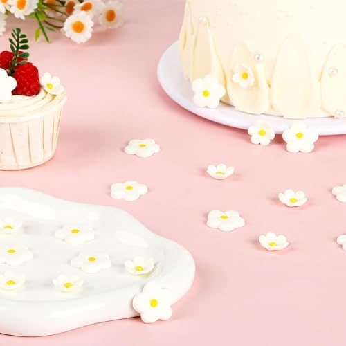 Royal Icing Flowers 32 Count Edible Mini White Blossoms Roses Daisy Sugar Flowers Cake Decorations for Baking Cupcakes Ice Cream Cookies Spring Waffles Cookies Wedding Birthday Cake Party