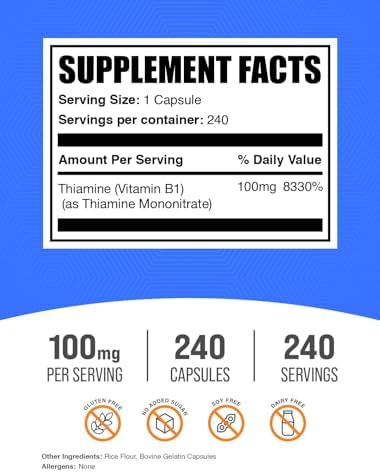 BulkSupplements.com Thiamine Mononitrate Capsules - as Vitamin B1, Thiamine B1 Supplement, Thiamine 100mg - Gluten Free, 1 Capsule per Serving, 240 Capsules (Pack of 1)