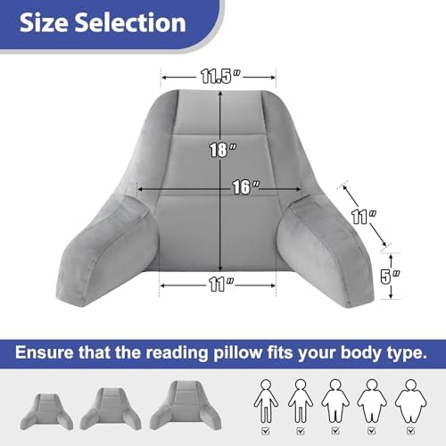 IASEAHK Reading Pillows for Sitting in Bed Adult, Back Pillow for Bed Sitting Up, Backrest Pillows with Shredded Foam for Adult&Teens, Support Pillow with Arms for Beds, Couch, Floor, 18in, Grey