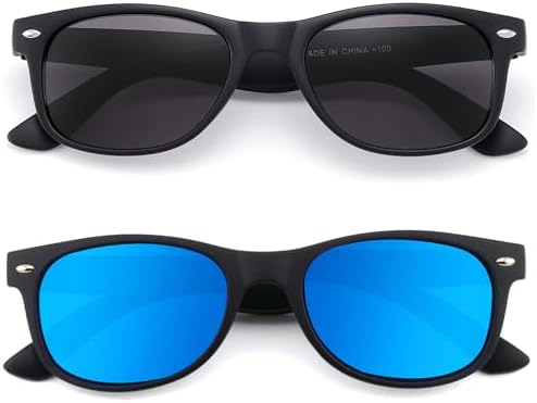 2 Pack Reader Sunglasses for Men Women Classic Rectangle Reading Glasses Outdoor Full Lenses Magnifying Eyewear UV Protection Black/Blue+2.0