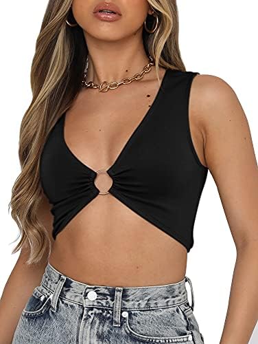 AEVZIV Sexy Crop Tops for Women Sleeveless Deep V Neck Workout Tops Plunge Ring Cleavage Cropped Tank Top