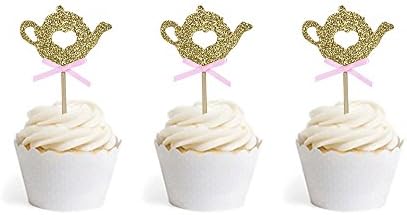 24 PCS Golden Glitter Teapot Cake Cupcake Toppers Picks for Tea Party Baby Shower Wedding Birthday Decorations