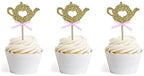 24 PCS Golden Glitter Teapot Cake Cupcake Toppers Picks for Tea Party Baby Shower Wedding Birthday Decorations