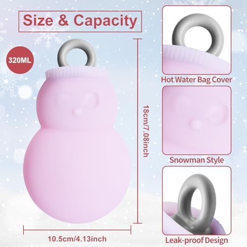 320ml Hot Water Bottle with Knitted Cover, Mini Hot Water Bag Snowman Silicone Design for Pain Relief, Hands, Waist, Back, Neck, Shoulders, Leak Proof Hot Water Bottle with Removable Sweater Cover