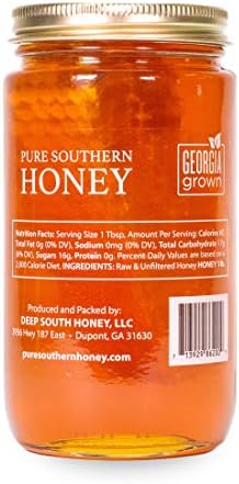 100% Raw Unfiltered Honey With Honeycomb by Pure Southern Honey [1lb] - Authentic, USA - Made Gallberry - Pure Unheated - Non - GMO, Unsweetened, Sugar - Free, Real American Honey With Comb