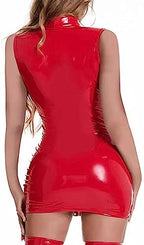 Women Sexy Tank Leather Dress, Wetlook, Plus Size XXXL, Shiny Latex Hip Skirt