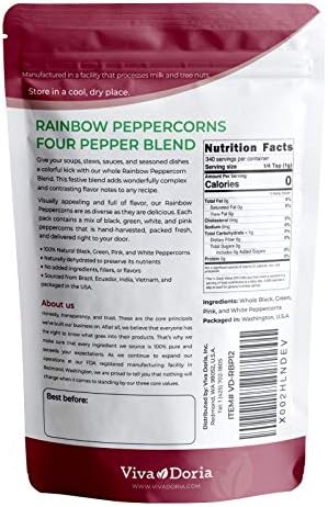 Viva Doria Rainbow Peppercorns Blend, Steam Sterilized Whole Black Pepper, Whole Green Pepper, Whole Pink Pepper, Whole White Pepper, 12 Oz, For Grinder Refills