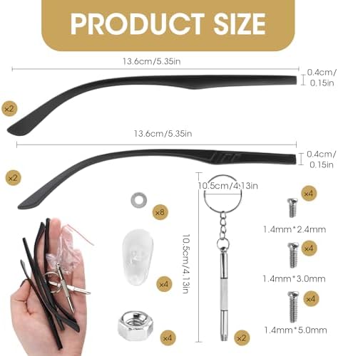 2 Pairs Universal Glasses Arms Legs Replacement, Glasses Repair/Tightenin Kit, Glasse Temple Replacement with Screws, Screwdrivers, Nose Pads(2 Kinds, Black)